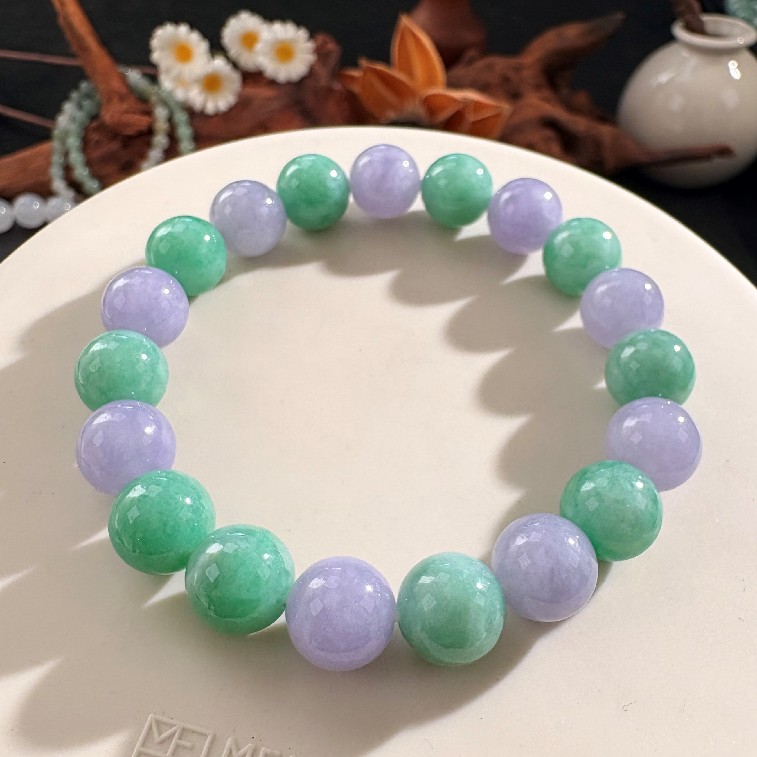 正品缅甸天然翡翠手链男女款 阳绿紫罗兰玉石手串珠子A货