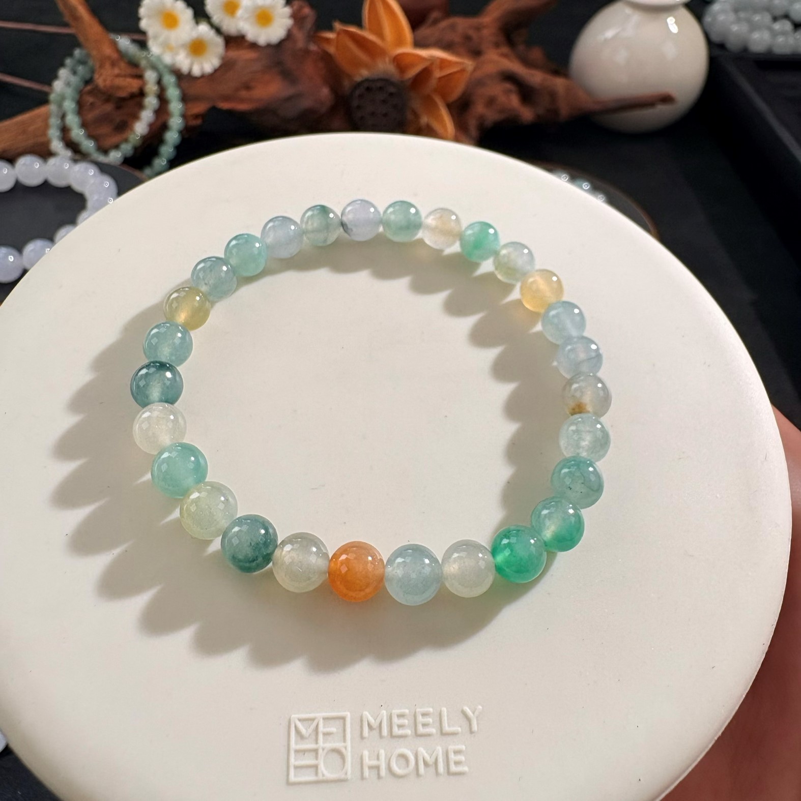 玉名坊缅甸a货 多彩 6.5mm翡翠手链多宝三彩天然冰种女款手串玉珠