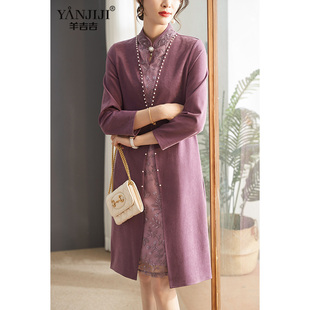 中年妈妈春装新款连衣裙洋气结婚裙40岁喜婆婆婚宴装假两件婚礼裙