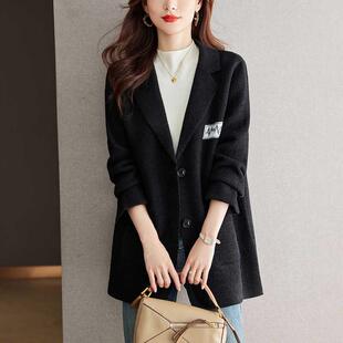 西装外套女2024秋冬新款黑色中长款针织开衫洋气休闲加厚西服上衣