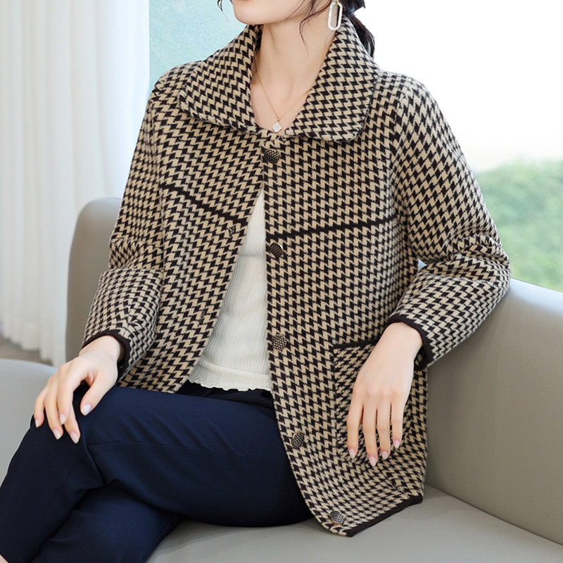 羊绒外套女短款2023秋冬新款洋气妈妈小个子千鸟格子双面毛呢大衣