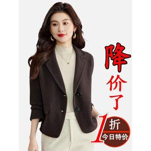 鄂尔多斯市羊毛双面呢大衣女时尚宽松百搭显瘦西装领小个子短外套