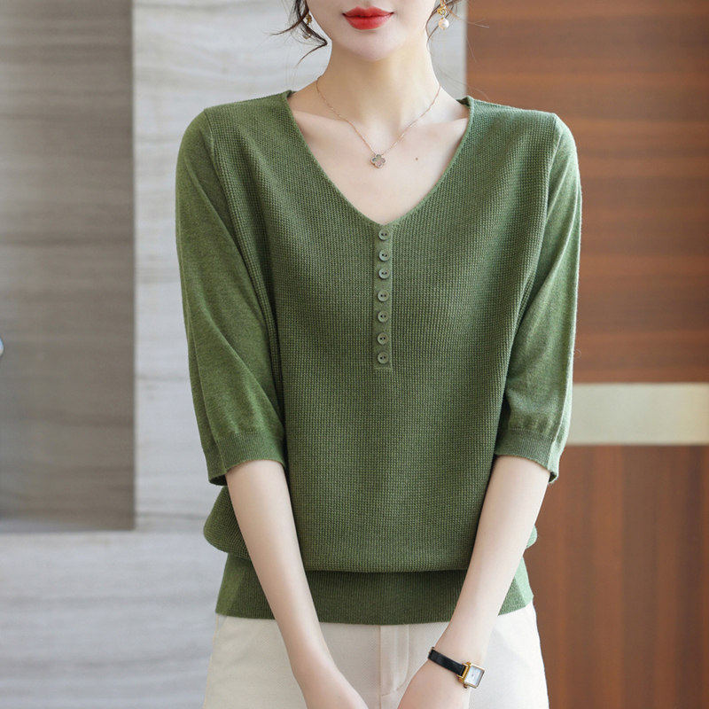 V领中袖上衣七分袖t恤女秋装2023年新款妈妈夏装洋气针织薄款小衫