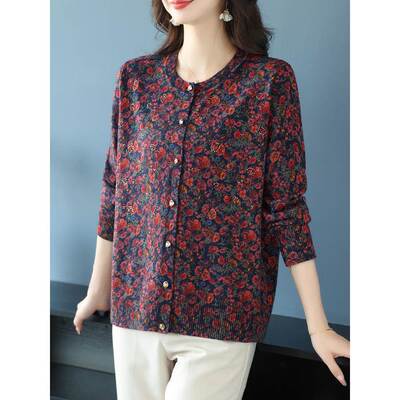 中老年女装春秋新款羊毛针织开衫宽松加肥加大码妈妈印花毛衣外套