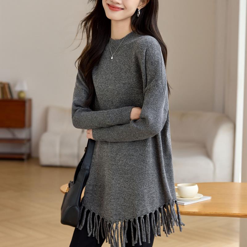 高端漂亮毛衣裙女2024新款秋冬流苏罩衫中长款大码气质打底羊毛衫