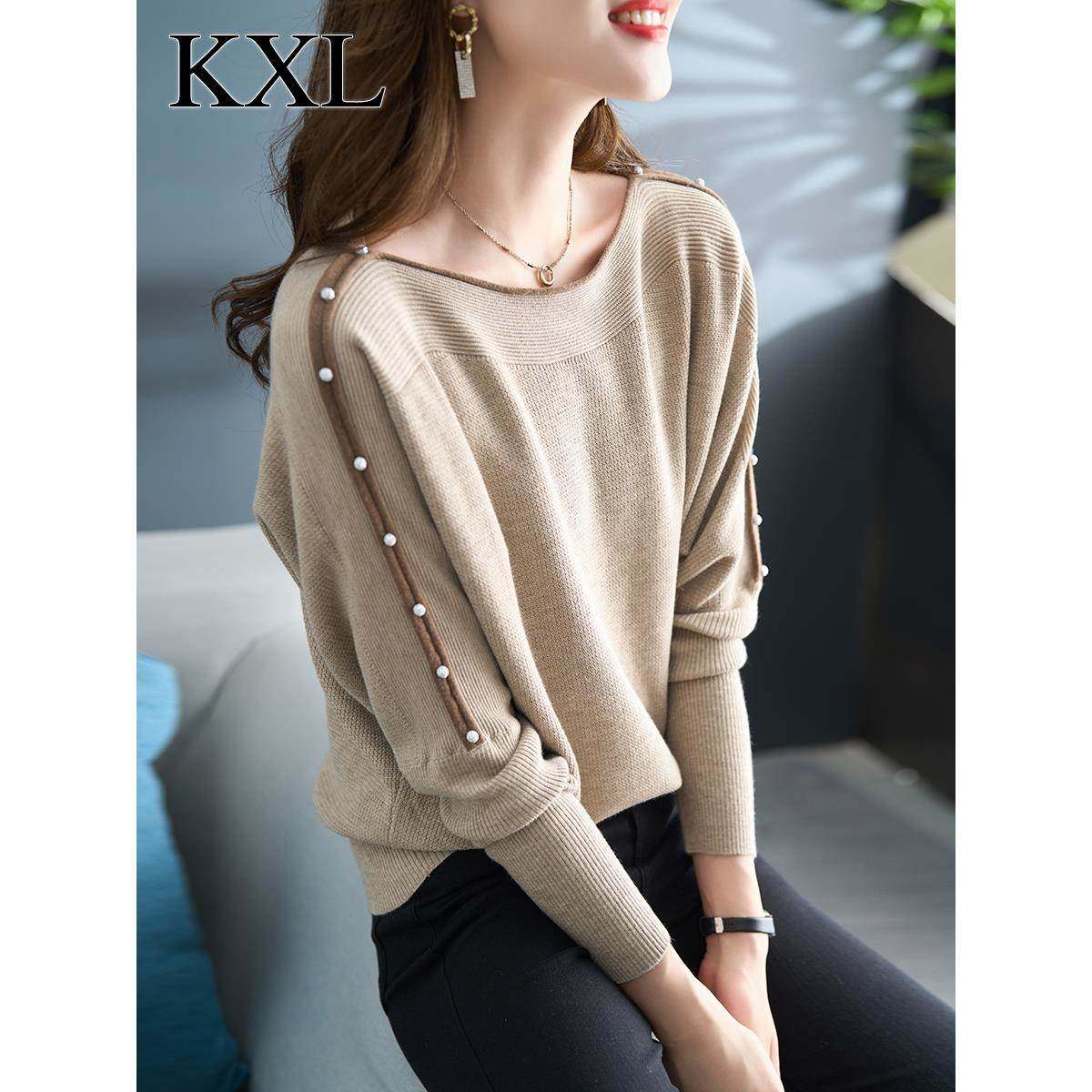 早秋新款一字领针织衫上衣女2025爆款春秋胖mm宽松薄款毛衣打底衫