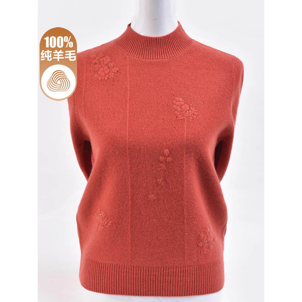 100纯羊毛衫女半高领冬季新款中老年妈妈加厚毛衣绣花针织打底衫
