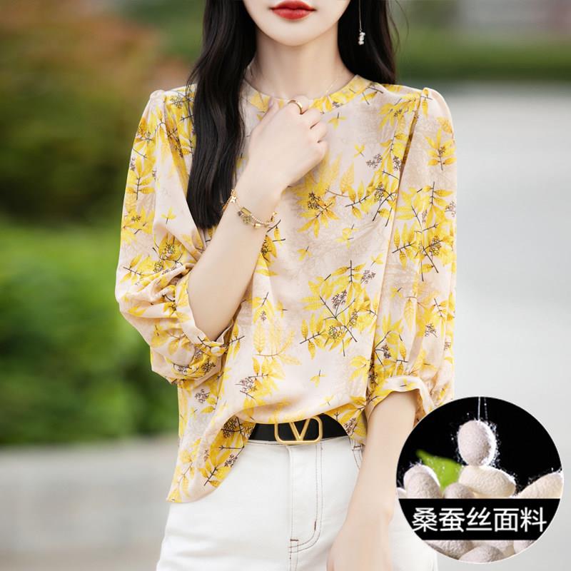 夏季宽松大版五分袖真丝印花小衫圆领薄款透气显瘦通勤桑蚕丝上衣