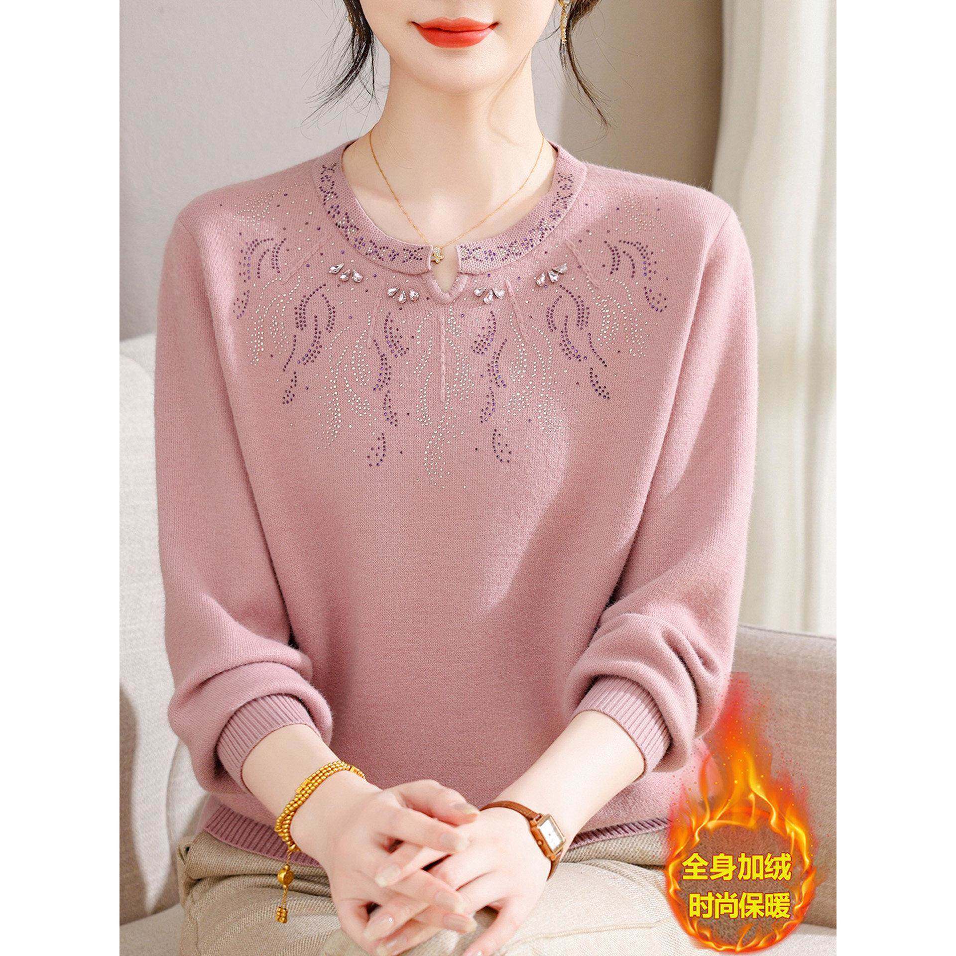 妈妈装上衣加绒加厚打底衫加肥加大码中老年人一体绒保暖羊毛衫女