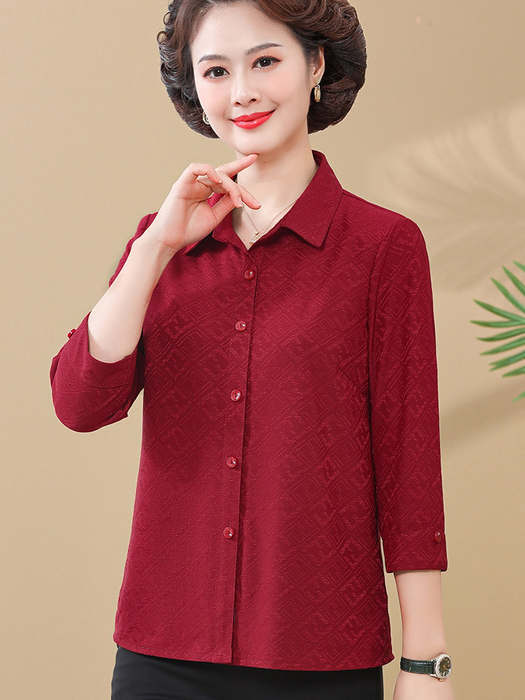 新款夏装中年妈妈七分袖冰丝衬衫洋气中老年人早秋红色上衣50岁女