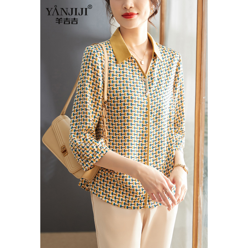 中年妈妈洋气秋装雪纺衬衫上衣2023新款中老年女士夏装翻领T恤衫