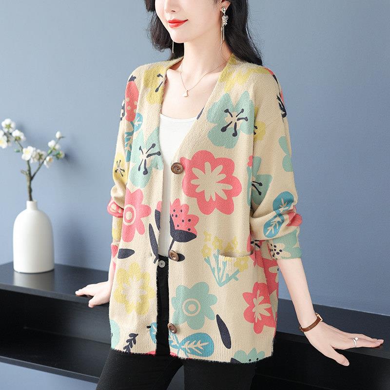 中老年印花羊绒衫女开衫春秋羊毛针织小外套妈妈装大码薄毛衣外搭