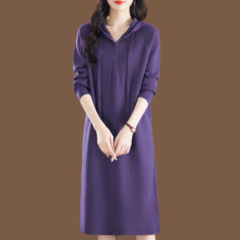 连帽毛衣针织连衣裙女秋冬宽松内搭中长款过膝配大衣羊毛打底裙子