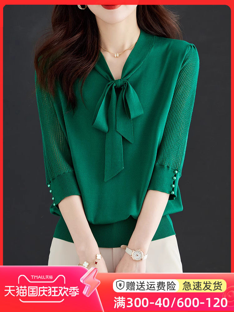冰丝针织短袖t恤女2023新款春夏装大码洋气蝴蝶结毛衣七分袖上衣