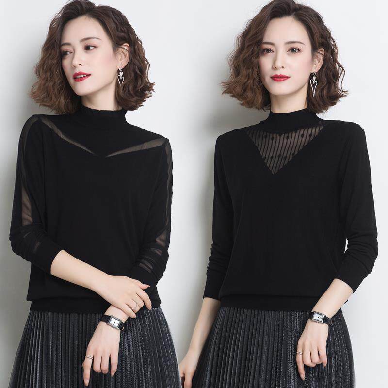 半高领毛衣女春秋长袖网纱上衣针织衫黑色内搭洋气薄款蕾丝打底衫