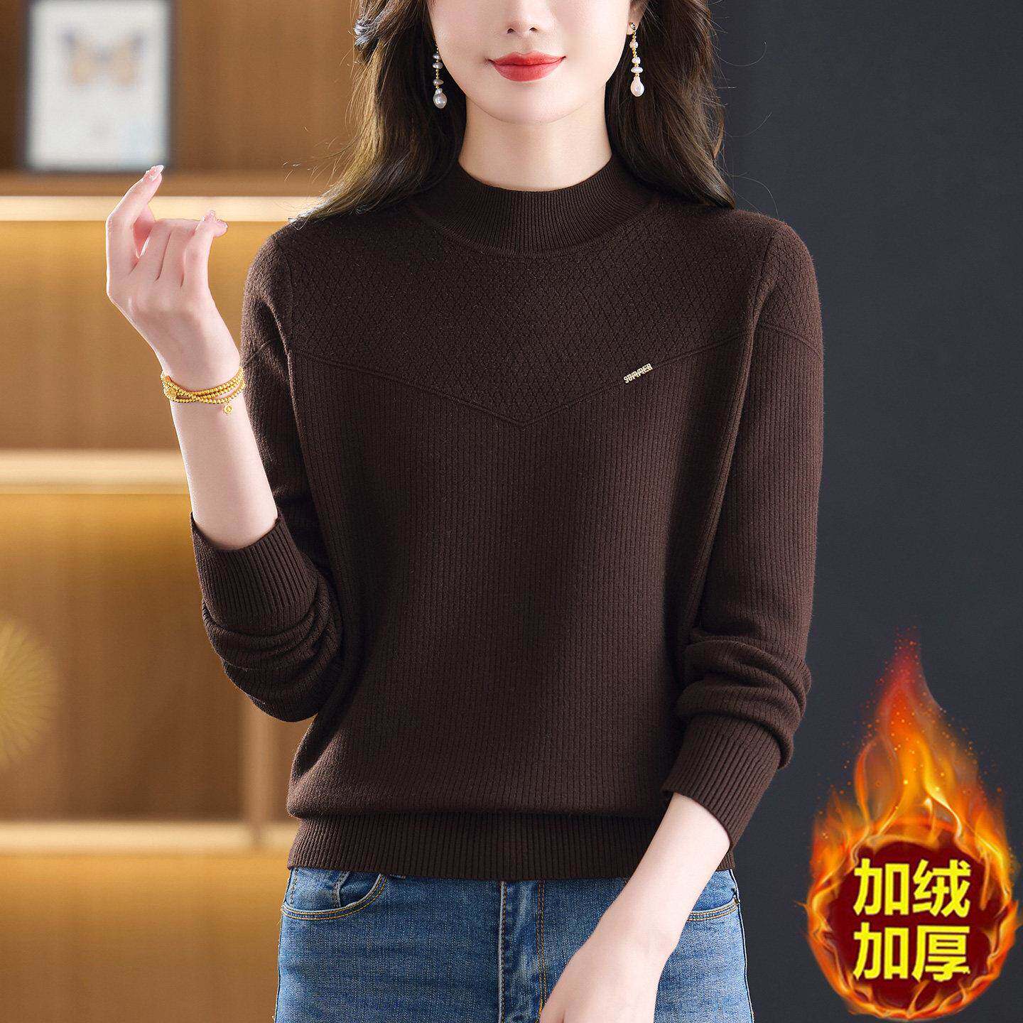 半高领加绒打底衫女加厚冬季2025新款妈妈内搭上衣一体绒短款毛衣