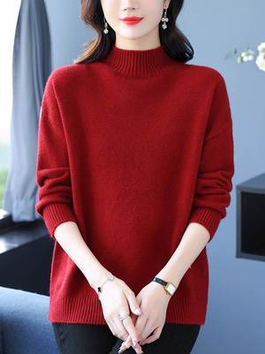 胖妈妈秋冬特大码半高领红色毛衣宽松纯色羊毛衫女加肥内搭打底衫