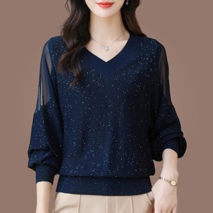 2025春装新款蝙蝠长袖t恤女V领洋气薄款加肥加大码上衣针织打底衫