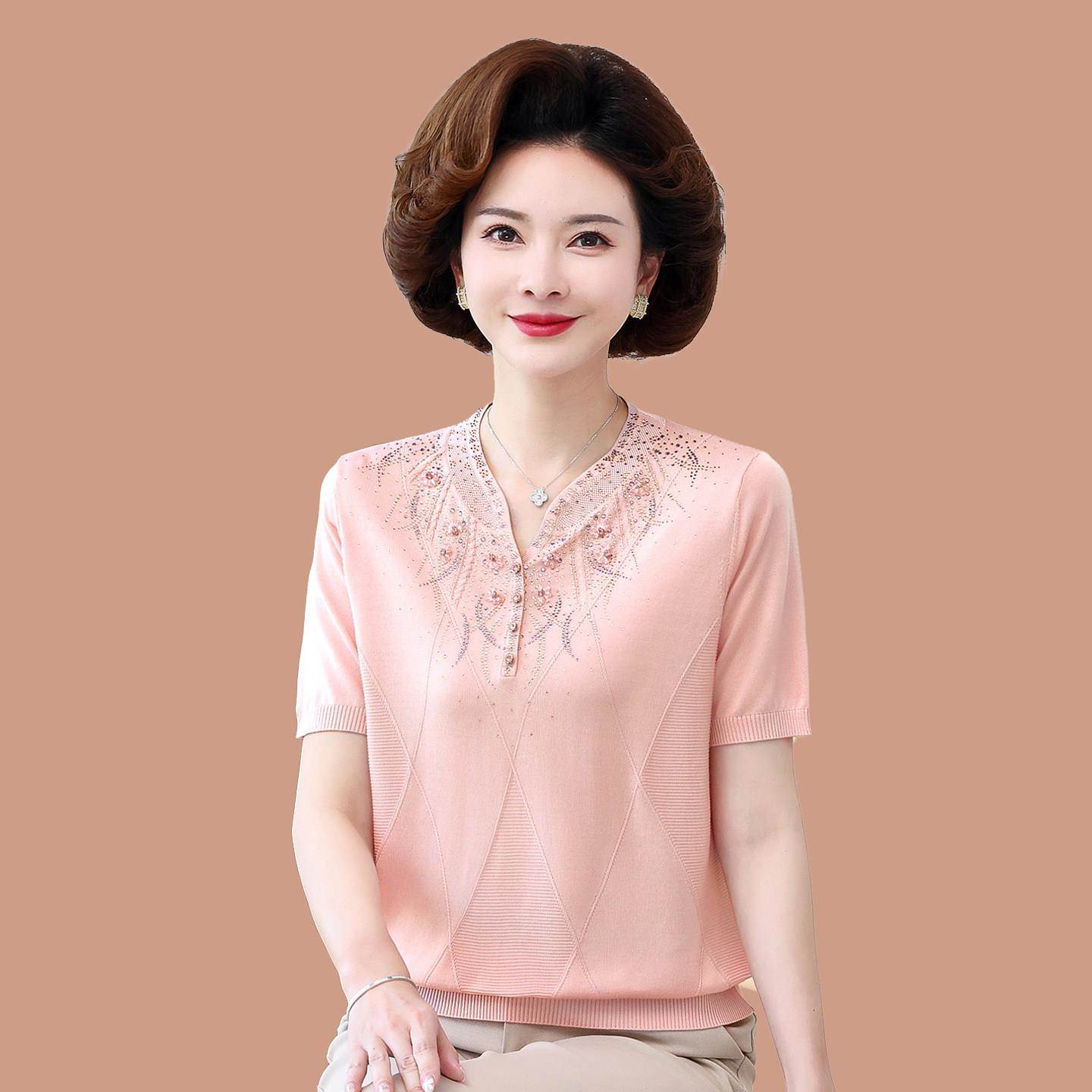 大码妈妈夏装短袖桑蚕丝T恤上衣2026新款中老年女夏冰丝针织小衫