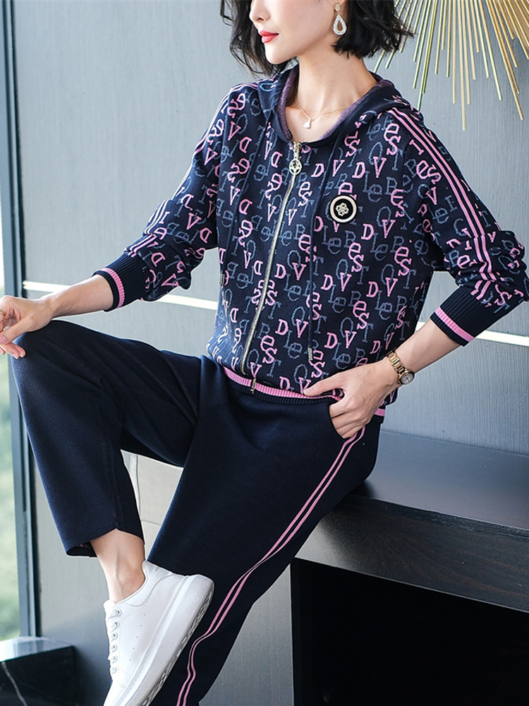 薄款连帽针织休闲运动套装女秋季宽松大码拉链开衫卫衣时尚两件套