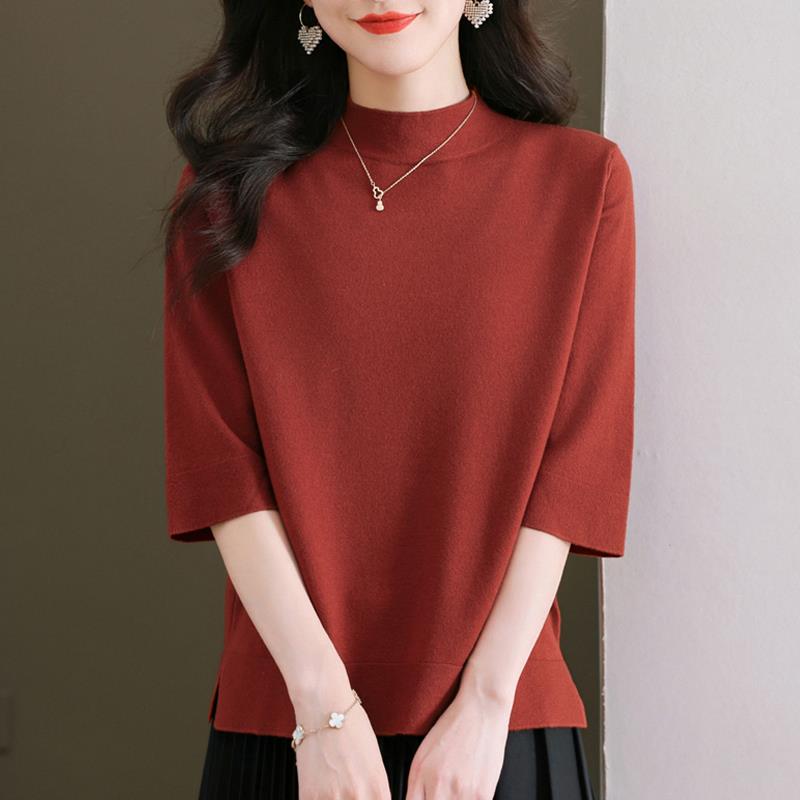 大码女装半高领中袖t恤女中年妈妈春秋薄款打底上衣气质显瘦小衫