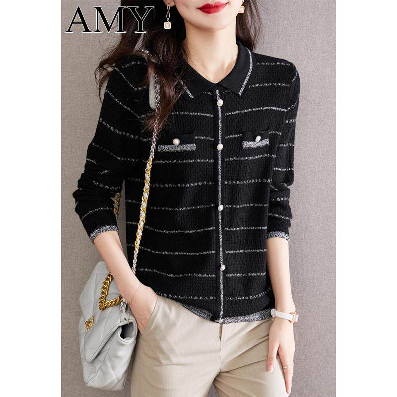 2025春季新款针织上衣女套头黑色薄款长袖小香风娃娃领毛衣打底衫