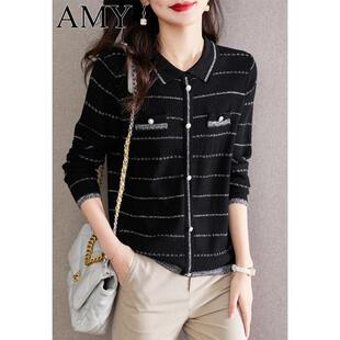 小香风娃娃领毛衣打底衫 2025春季 长袖 针织上衣女套头黑色薄款 新款