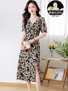 真丝连衣裙2023女士夏季新款奢华大牌高端桑蚕丝开叉V领气质裙子