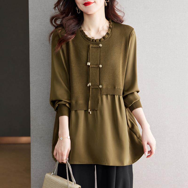 妈妈春秋显瘦上衣桑蚕丝薄款时尚针织衫女宽松遮肚圆领假两件衬衫