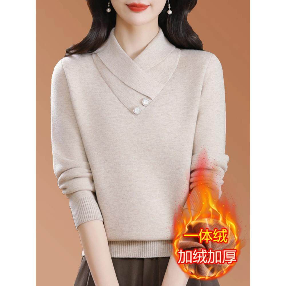 2025年新款羊毛衫女交叉领加绒毛衣冬季加厚妈妈一体绒内搭打底衫