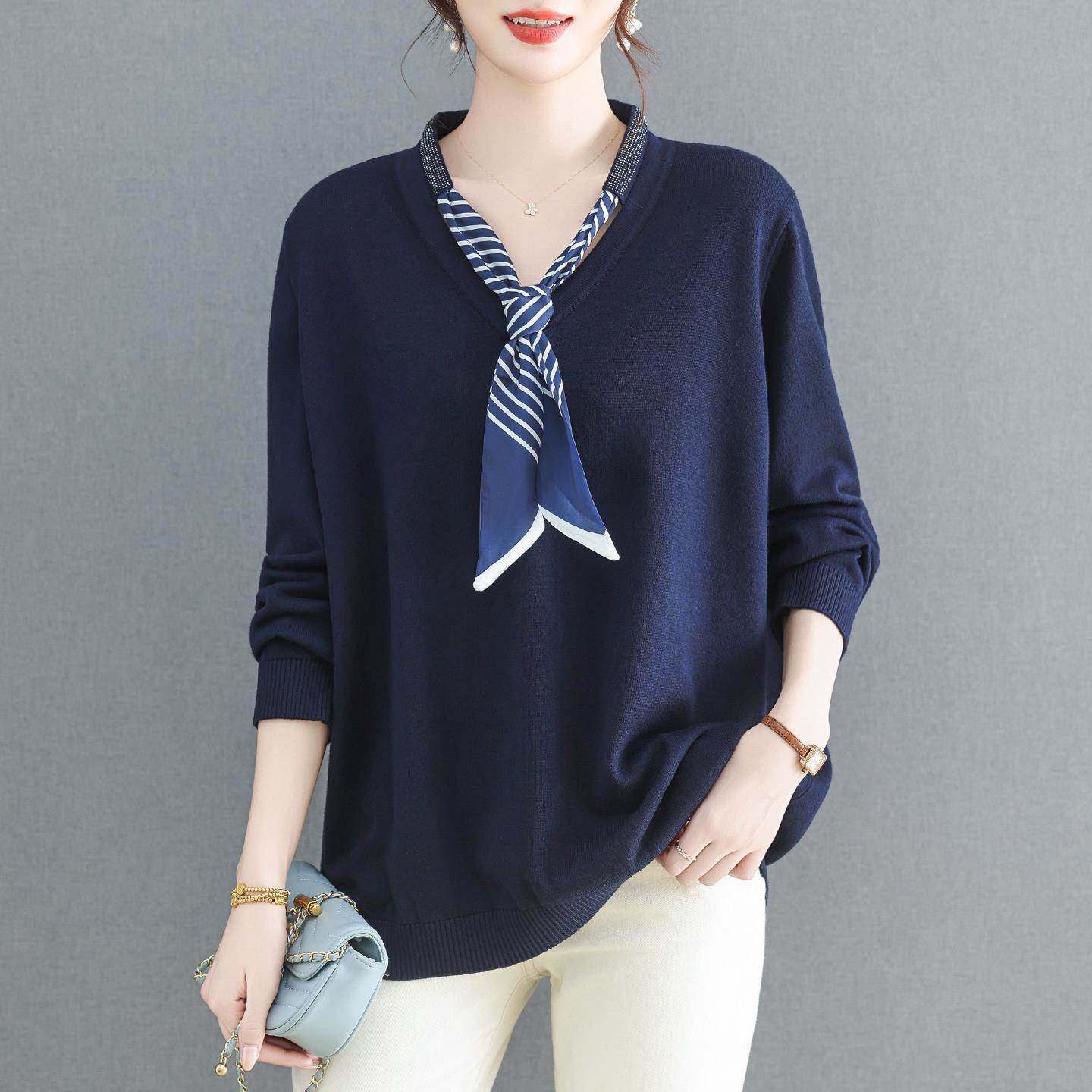 胖妈妈春秋装针织衫女宽松加肥加大码洋气海军领毛衣薄款长袖上衣