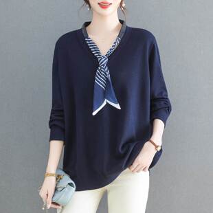 胖妈妈春秋装针织衫女宽松加肥加大码洋气海军领毛衣薄款长袖上衣