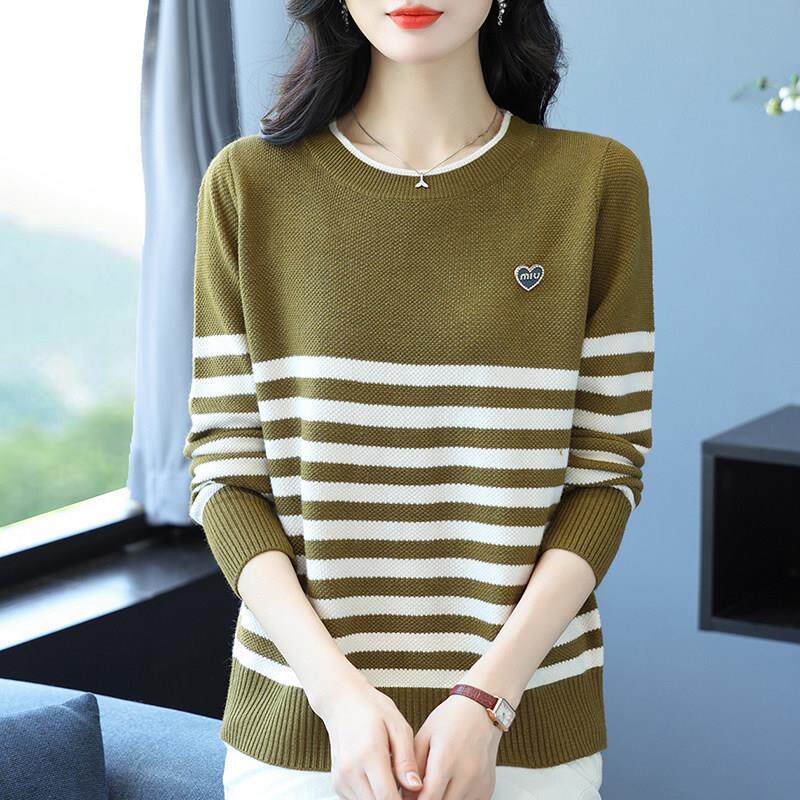 条纹针织衫上衣女秋季新款妈妈装时尚长袖宽松大码圆领毛衣打底衫