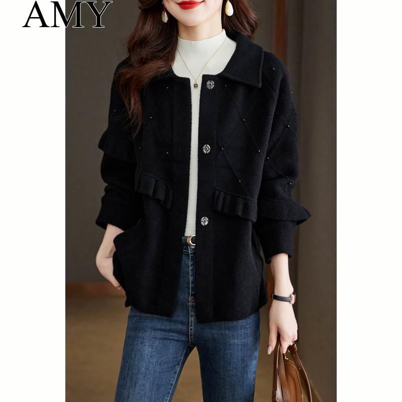 2025春季新款女装别致木耳边毛呢短外套烫钻黑色翻领保暖长袖上衣