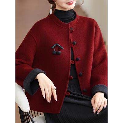 妈妈装秋冬百搭气质羊毛呢外套中老年女百搭短款双面羊绒开衫大衣