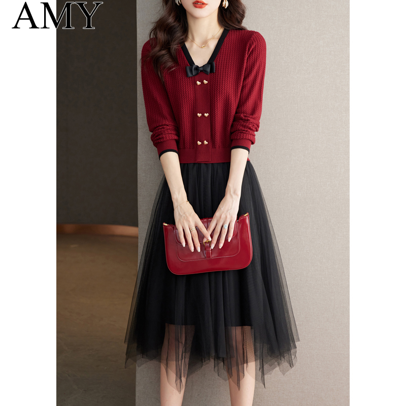 2023秋装新款网纱假两件连衣裙时尚洋气酒红外穿拼接中长款毛衣裙