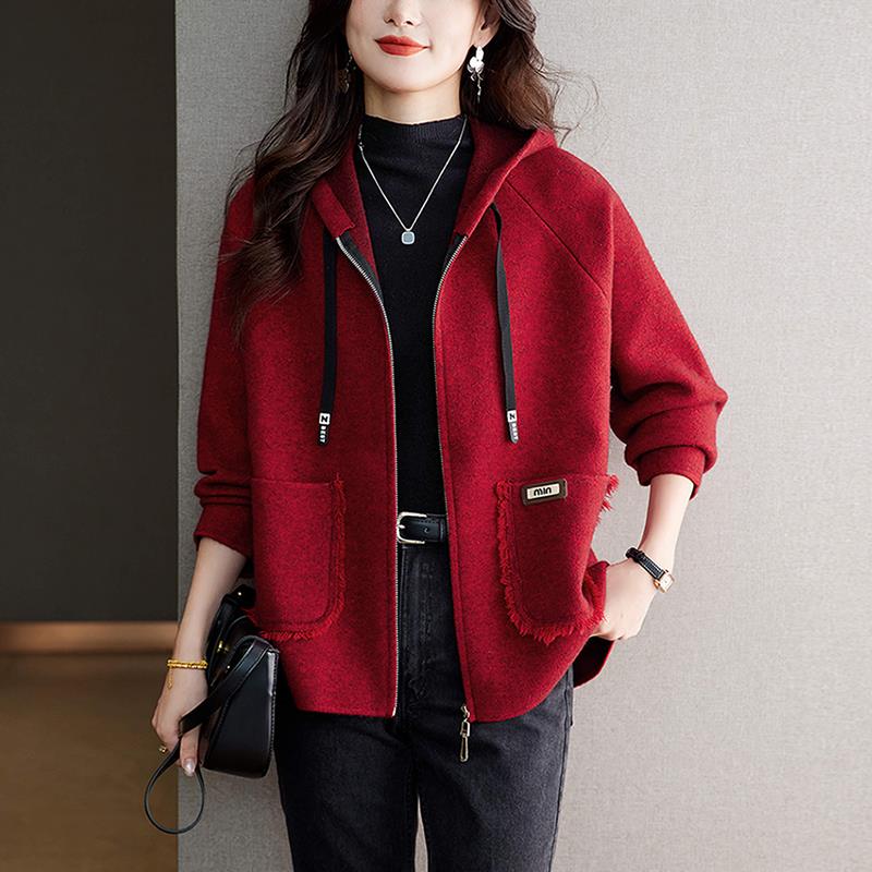 连帽拉链开衫安哥拉红短款外套女宽松羊绒上衣秋冬双面毛呢子大衣