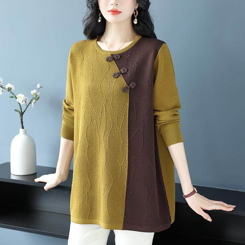 春秋新款国风针织小衫女加大码洋气上衣宽松妈妈装中长款打底毛衣