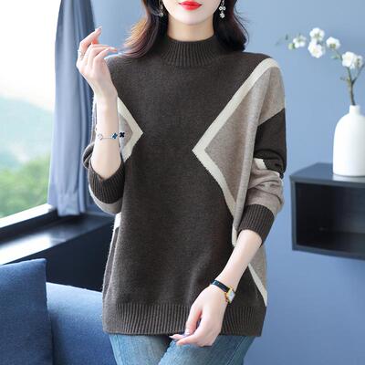 中年妈妈宽松毛衣秋冬羊毛衫女加肥大码遮肚洋气上衣半高领打底衫