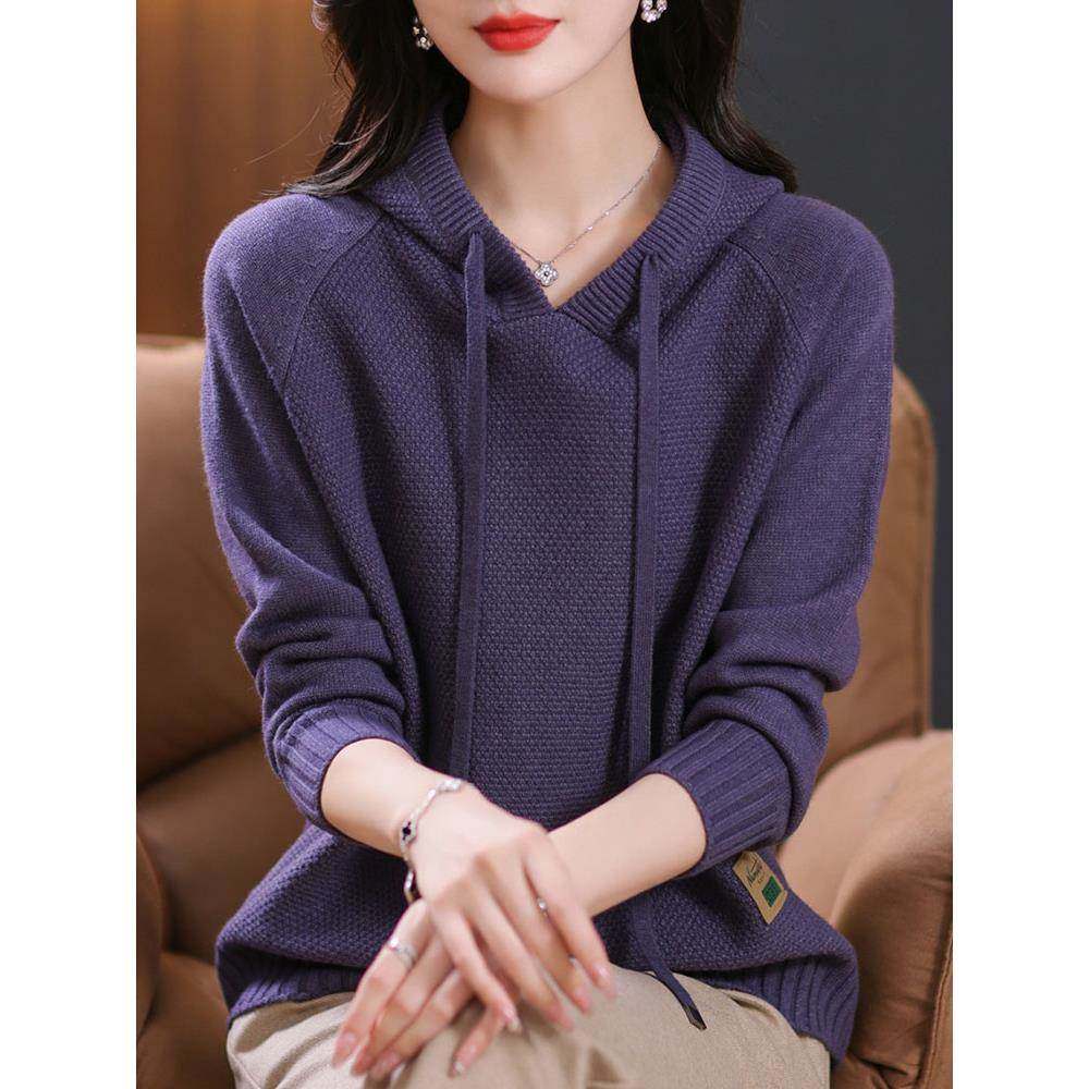 春秋卫衣帽衫女宽松百搭大码短款上衣长袖毛衣纯色套头羊毛针织衫