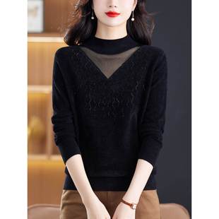 天鹅绒网纱打底衫女士内搭秋冬季2025新款雪尼尔针织上衣黑色毛衣
