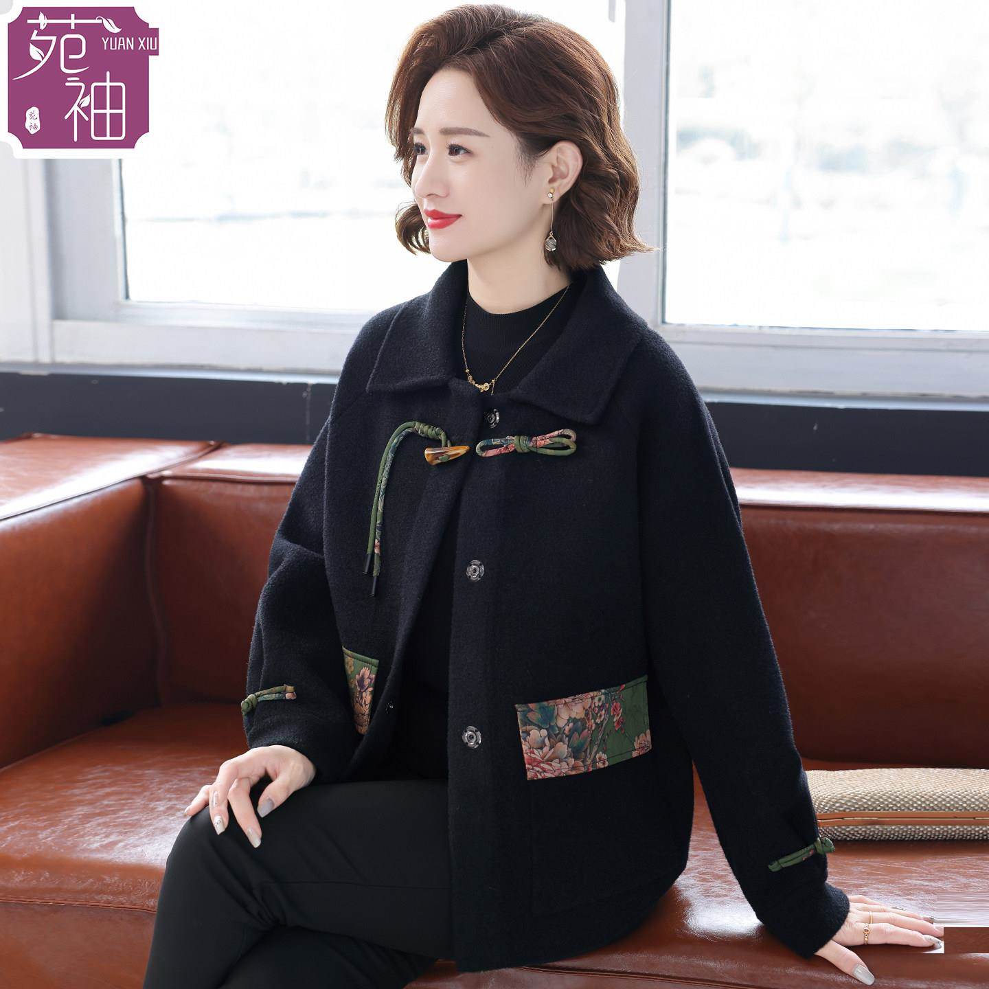 时尚新中式外套女妈妈款秋装洋派毛呢上衣服中老年人春秋国风开衫