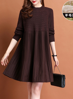 小个子秋冬季新款胖mm针织打底羊毛连衣裙女大码宽松中长款毛衣裙