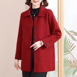 中年妈妈春装双面羊绒大衣洋气质中老年女春秋毛呢外套中长款红色