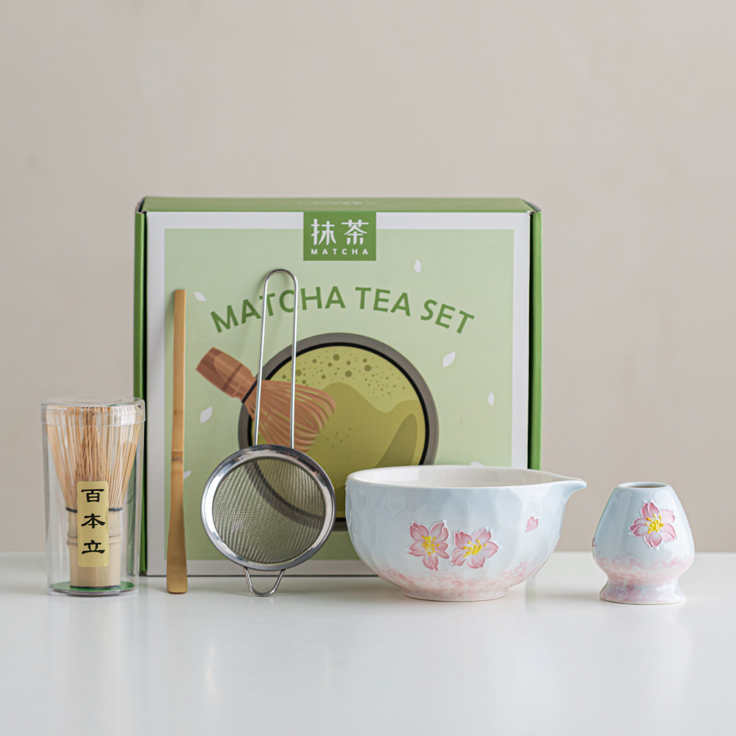 新款手绘樱花陶瓷抹茶碗套餐日式茶刷茶筅百本立茶道工具沙拉