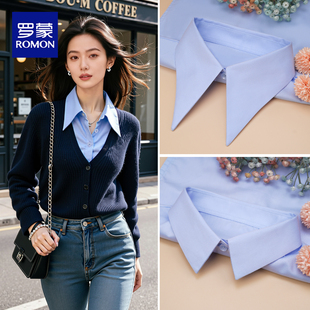 罗蒙女士蓝色大尖领假领子百搭时尚 饰衬衣领多功能气质假领 高档装