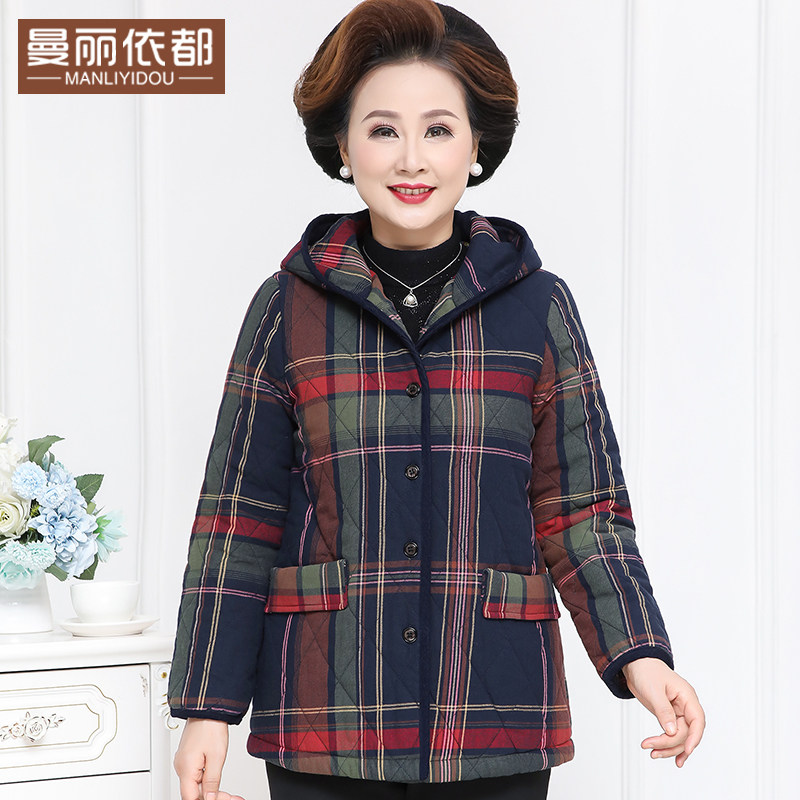 妈妈棉服短款连帽中老年女装冬装格子棉衣纯棉老人衣服奶奶外套冬