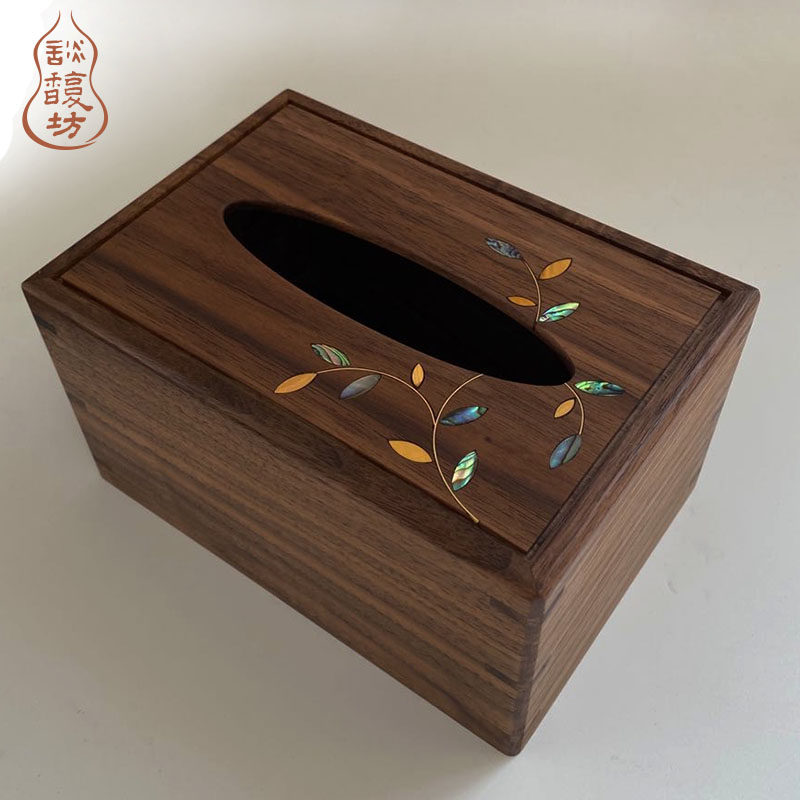 谈馥坊新款中式简约实木黑胡桃木质抽纸巾盒创意实木榫卯结构包邮