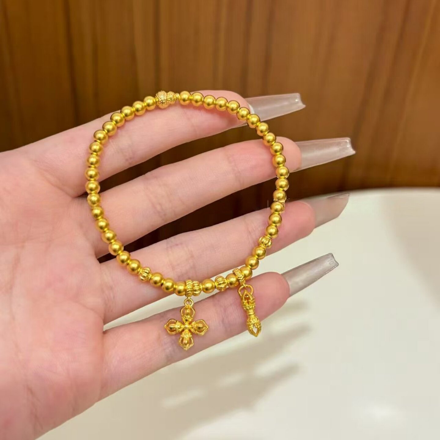 金店同款沙金女高级感手饰黄金色手串精致百搭金刚杵葫芦手链女士