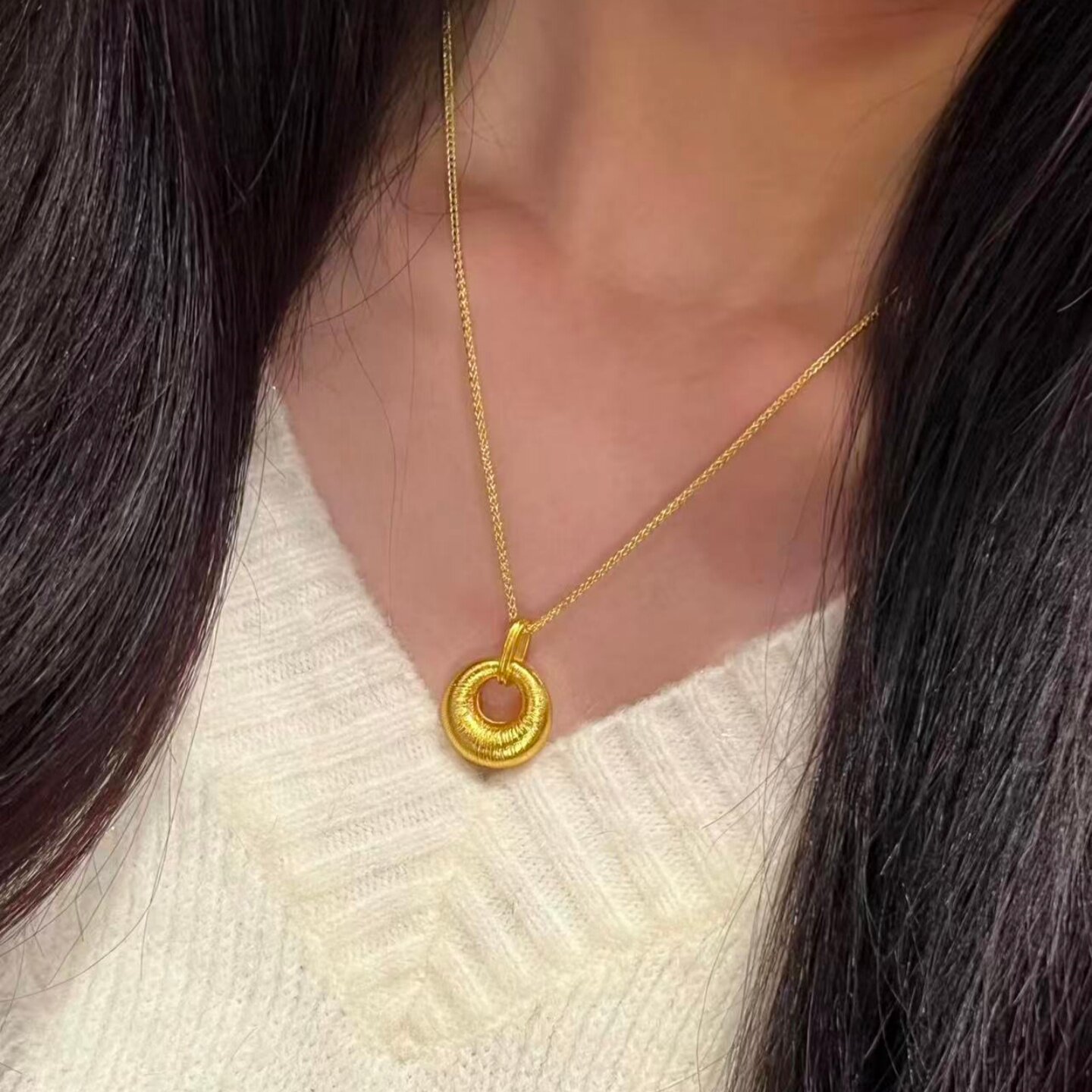 黄金色项链古法项链毛衣链锁骨链项链沙金拉丝平安扣吊坠沙金简约